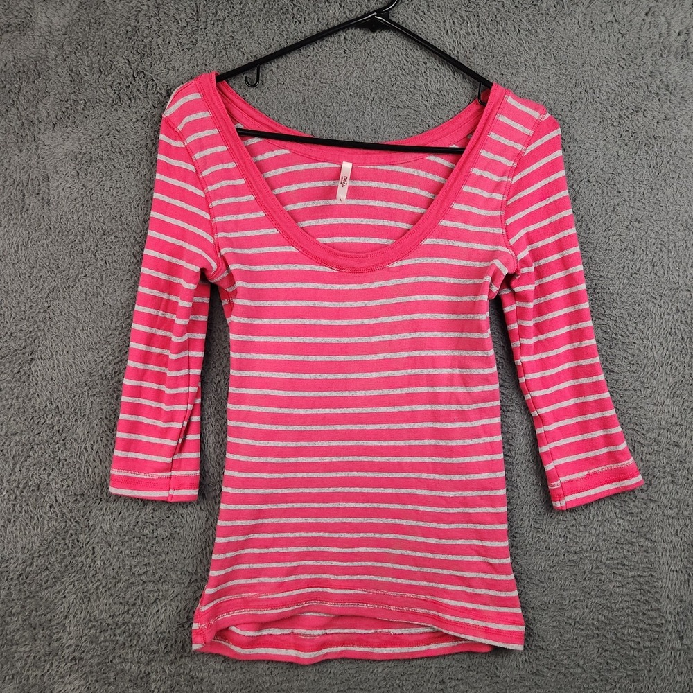 Vintage 2000s Y2K 3/4 Sleeve Striped Scoop Neck Shirt Size Large Fitted Stretch